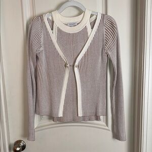 Petite Studio Striped Ribbed Sweater Set in Cream and Beige